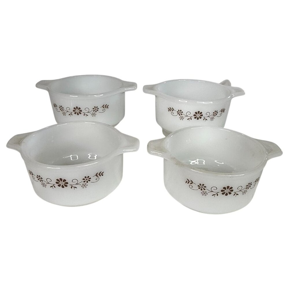 4 VTG Dynaware Pyr-O-Rey Milk Glass Bowl Ramekin Brown Floral Casserole Pyrorey